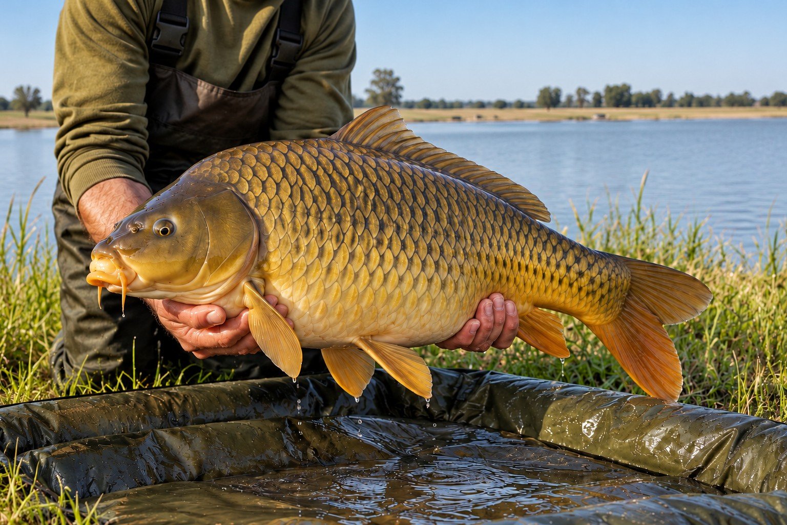 Illustrative photo of a golden carp held over a fishing mat, with flat dam-side scenery